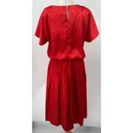 Vintage 80s Brocade Midi Dress Embossed Floral Pattern Blouson Pleated Red 10 Photo 3