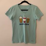 Life is Good  Blue Crusher Lite V-neck Coffee Brew Crew T-Shirt Women size Small Photo 0