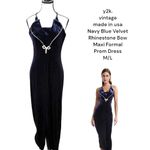 y2k vintage Navy Blue Velvet Rhinestone Bow Formal Prom Maxi Dress‎ M/L Size L Photo 1