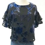 Lily White  Black and Bluish Purple Velvet Top Floral blouse Ruffled Sleeves Photo 5