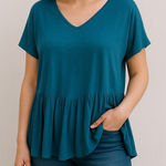 Peruvian Connection  Teal‎ Peplum Top XL Pima Cotton Modal V-Neck Photo 0