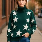 Zenana Outfitters NWOT Hunter Green Star Turtleneck Sweater Pullover Large Photo 0