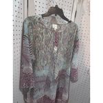 Fig and Flower Tunic Top XL Abstract Print 3/4 Sleeve Round Neck Button Detail Purple Photo 3