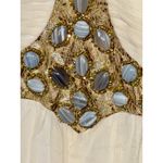 NWT Mandalay White Silk Gold Gray Beaded Cutout Midi Evening Gown Dress Womens 2 Photo 10