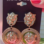 Anne Klein gold tone lion head Metal Round Medallion Coin Dangle drop earrings Photo 0