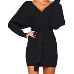 NEW V Neck Sweater Dress Batwing Long Sleeve S NO BELT Black Photo 0