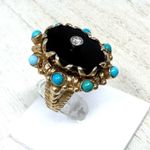 14K yellow gold, onyx, turquoise and diamond ring, vintage, size ~7 Gold Photo 4