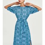 ZARA  blue and green embroidered tie waist shift midi dress small Photo 14