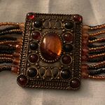 Vintage 9.25” Bracelet Multi Strand Beaded Rectangle Medallion 2” H Orange Black Gold Photo 0