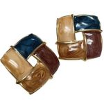 Vintage Marbleized Chunky Woven Square Women's Enamel Gold Tone Stud Earrings Photo 0