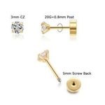 3mm CZ Screw on Flat Back Stud Earrings /Gold Flat Back Cubic Zirconia Photo 1