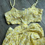 Aerie  Yellow White Floral Print Smocked Cutout Wide Leg Cropped Jumpsuit S Photo 11