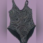 Athleta  Black and Purple One Piece Swimsuit V-Neck Artistic Design Photo 1