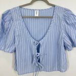 Abound  Blue Striped Puff Sleeve Square Neck Tie Front Crop Top Womens L Photo 6