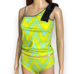 Lime Ricki Bow Two Piece Swimsuit Women’s Size Medium One Shoulder with Black Bow Lime Photo 4