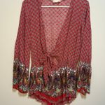 Cotton Candy Red Boho Plunge Tie Front Romper Long Sleeve Small Flowy Shorts Photo 0