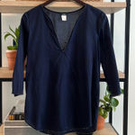 J.Crew 100% Cotton Navy V neck Hand Beaded Woven Tunic Blouse Top, XS Photo 0