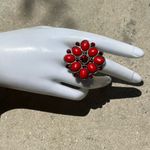 Vintage Natural Italian Red Flower Ring Silver Tone Ring Sz 8” Southwest Style Photo 1