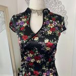 Vintage Colorful Floral Black Shinty Satin Cheongsam Bodycon Midi Dress S Photo 1