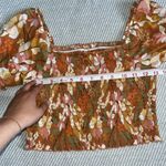 Aerie  Smocked Orange Floral Square Neck Puff Sleeve Crop Top Sz Xs Photo 3