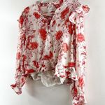 Maeve Floral Print Long-Sleeve Lace-Up Ruffled Sheer Blouse White Red Small P Photo 3