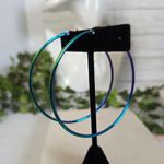 Large Stainless Steel Hoop Earrings Iridescent Rainbow Blue Photo 2