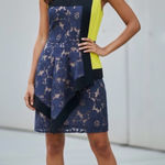 BCBGMAXAZRIA  Neon Yellow & Navy Blue Lace Color Block Dress - Size 8 Photo 0