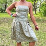 Jessica McClintock Y2K  strapless gold blue foil floral pleat skirt prom dress 10 Photo 0