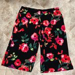 Susan Graver NEW floral wide leg high rise pull on capri pants black red XL Photo 2