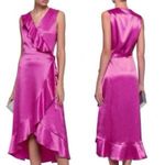 Maje  Fuscia Pink Satin High Low Midi Wrap Ruffle Dress Photo 8