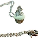 Cupcake Necklace Pendant Rhinestone Charm Silver Tone Cream Enamel‎ 16 Photo 0