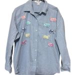 Vtg Casey Coleman Womens Shirt Sz XL Embroidered Cows Pastel Country farmhouse Blue Photo 0