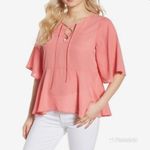 Coral Pink Lace Up Peplum Top Blouse Short Flutter Sleeve Flowy XS X Photo 1