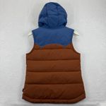 Patagonia  Womens Bivvy Down Vest Hooded Puffer Brown Blue Snap Front Sz S READ Photo 13