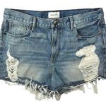 Frame  Women's Blue Denim High Rise Distressed Raw Hem Mini Jean Shorts Size 28 Photo 0