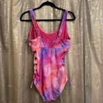 Watercolor one piece swimsuit, pink, purple, peach womans size L, EUC Pink Size L Photo 3