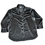 Natori  Black Satin Pajama Set Button Down Long Sleeve/Pants White Piping Medium Photo 2