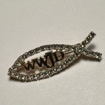 WWJD Christian Fish Symbol Rhinestone Brooch Pin Gold Tone Metal Photo 3