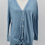 Loft  Striped Tie Front Button Up Top Blue White Long Sleeve Cotton Blend Large Photo 0