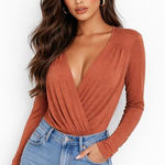 Free People ‎ Turnt Surplice Long Sleeve Thong Bodysuit Size M NWT Ginger Spice Photo 0