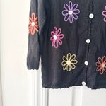 Belle Pointe Vintage Black Cotton Knit Cardigan Colorful Daisy Floral Medium Photo 7