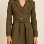 Salt & Pepper Herringbone Tweed Coat L Belted Floral Lining Vintage Boho Style Brown Size L Photo 0