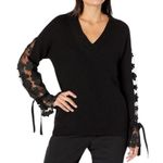 French Connection Black Sheer Lace Floral Sleeve Sweater Size Medium Photo 0