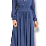 Tantease Navy Blue Maxi Dress Long Sleeve Slit Shoulder Draped Pleated Evening Photo 0
