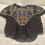 ZARA Black Embroidered Cap Sleeve Fringe Semi Sheer Metallic Thread Top Blouse S Photo 0