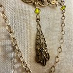 Vintage Czech Brass Filigree Necklace with Yellow Glass Cabochon & Chain Drop Photo 3