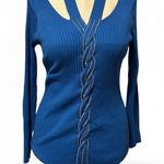 Ashley Stewart  Sweater  blue ribbed rhinestones braid cutout pullover Size 14/16 Photo 0