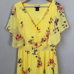 DKNY  Shirred Floral Print Crepon Midi Dress Womens 14 Yellow Flutter Sleeve Chic Photo 7