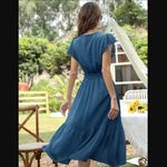 Genhoo Midi Dress M NWT Summer Wrap Neck Cap Sleeve Beach Tiered Skirt Hem Party Blue Size M Photo 6