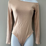 Trouvé Womens Ribbed Knit Bodysuit Long Sleeve Off‎ Shoulder Beige Size S Tan Photo 0